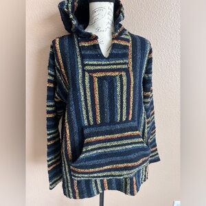 Iguana Jack Baja Stripe Pullover Mexican Rug Beach Hippie Hoodie size Large